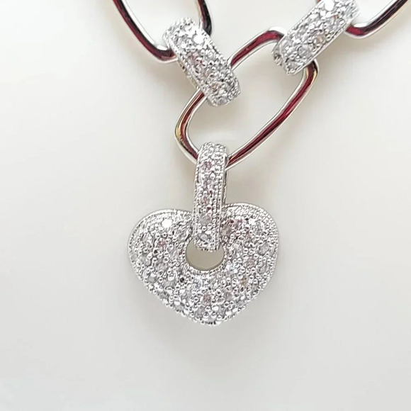 Sterling Silver .925 FAS Pave CZ Rectangle Link Necklace with CZ Heart Charm - Picture 2 of 8